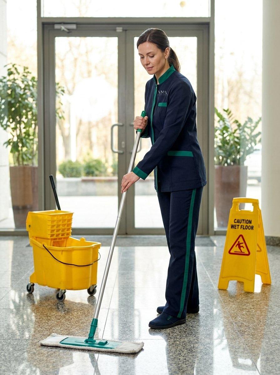 Cleaner mopping the lobby floor of an office building