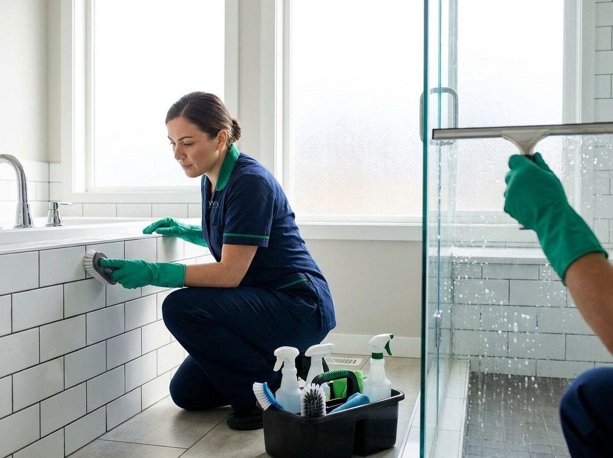 Cleaner scrubbing tile grout and a glass shower door