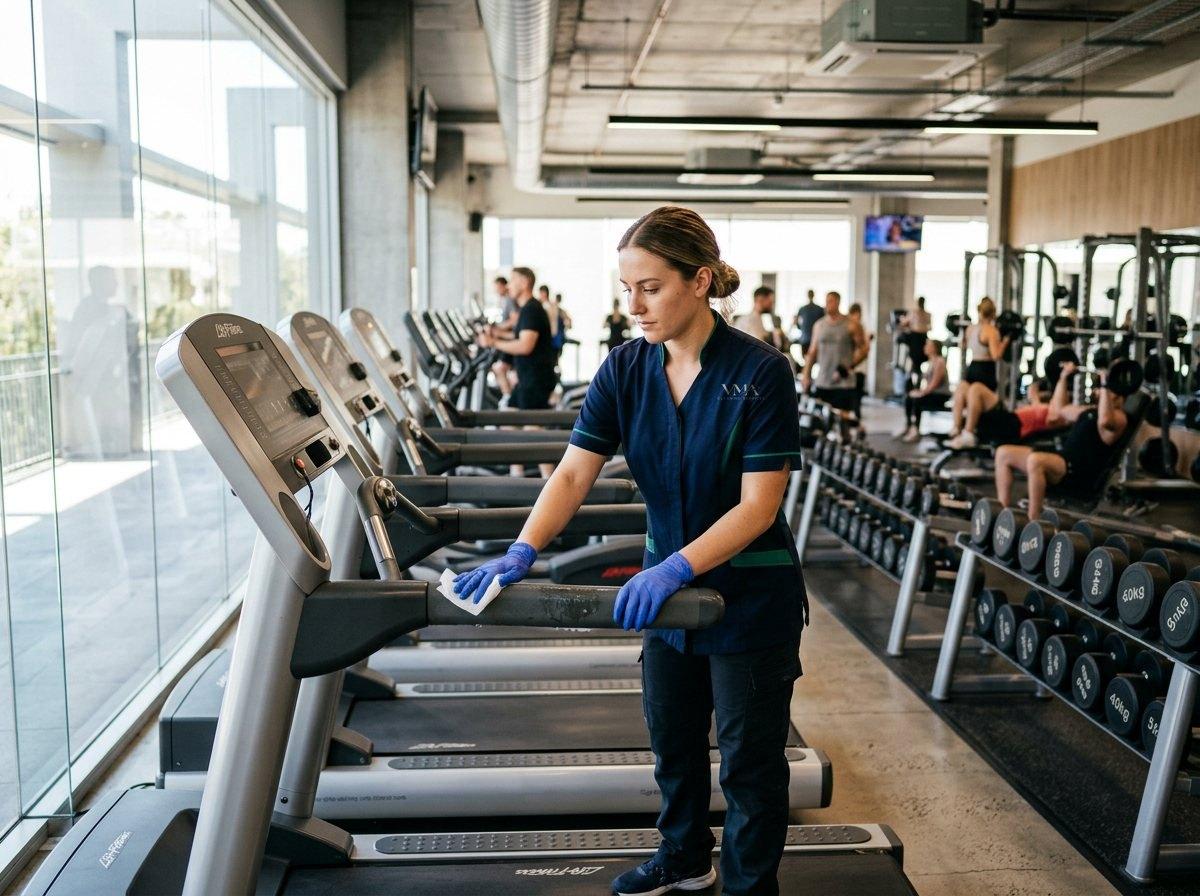 Cleaner sanitizing gym equipment in a fitness center