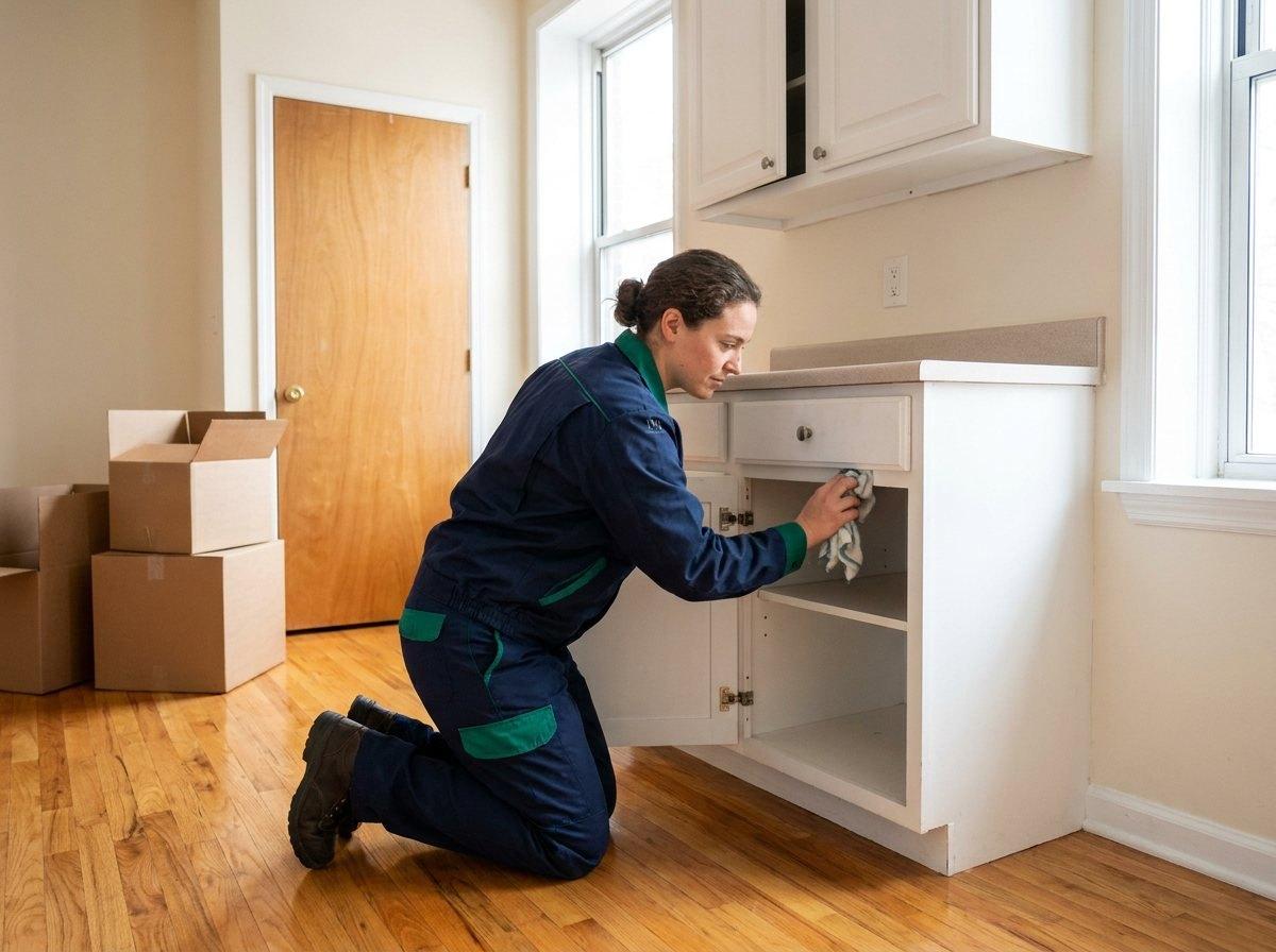 Cleaner cleaning inside empty kitchen cabinets of a vacant apartment