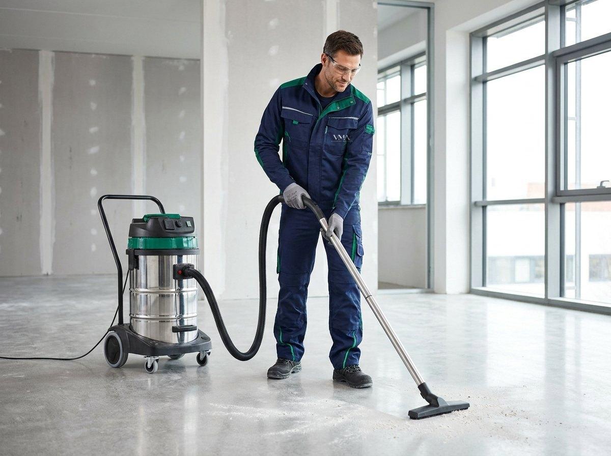 Crew member vacuuming construction dust in a new commercial space