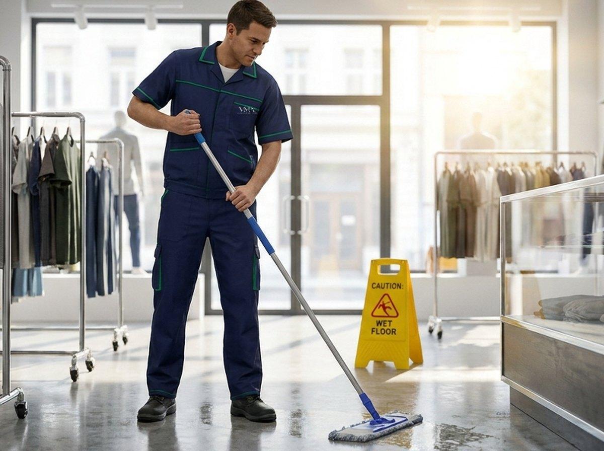 Cleaner mopping the floor of a bright clothing store