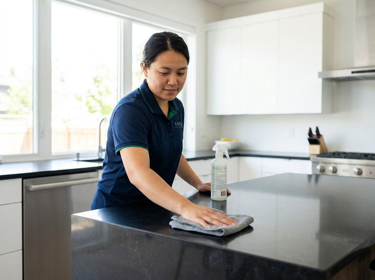 House cleaner wiping a kitchen island