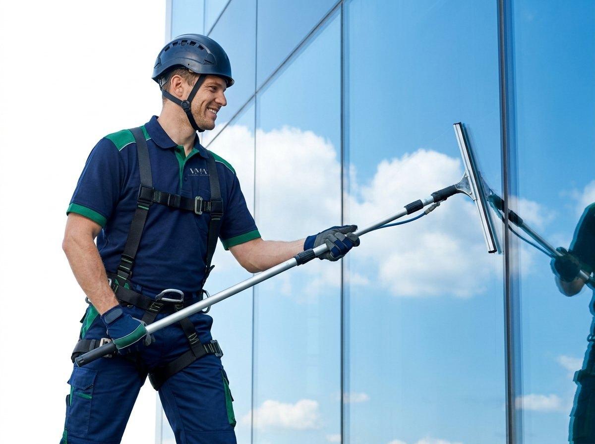 Window cleaner using a squeegee on a glass storefront
