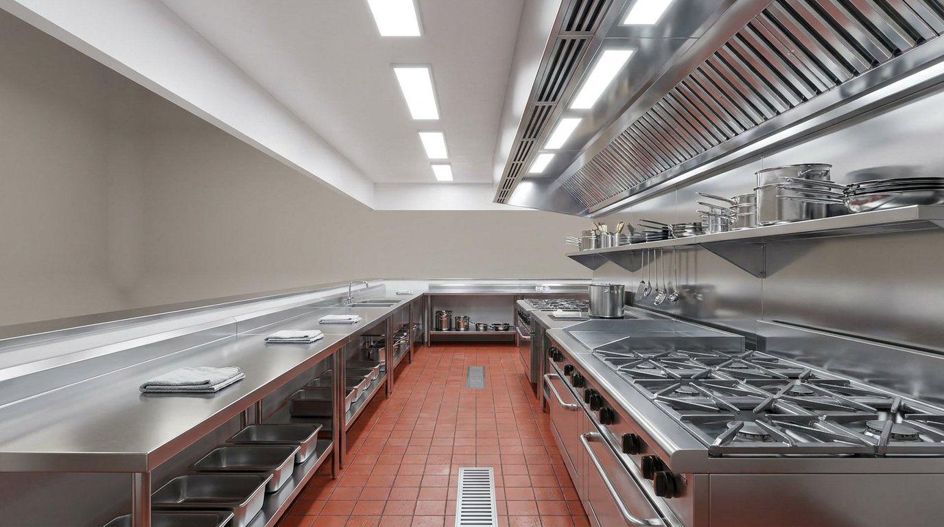 Spotless stainless steel restaurant kitchen