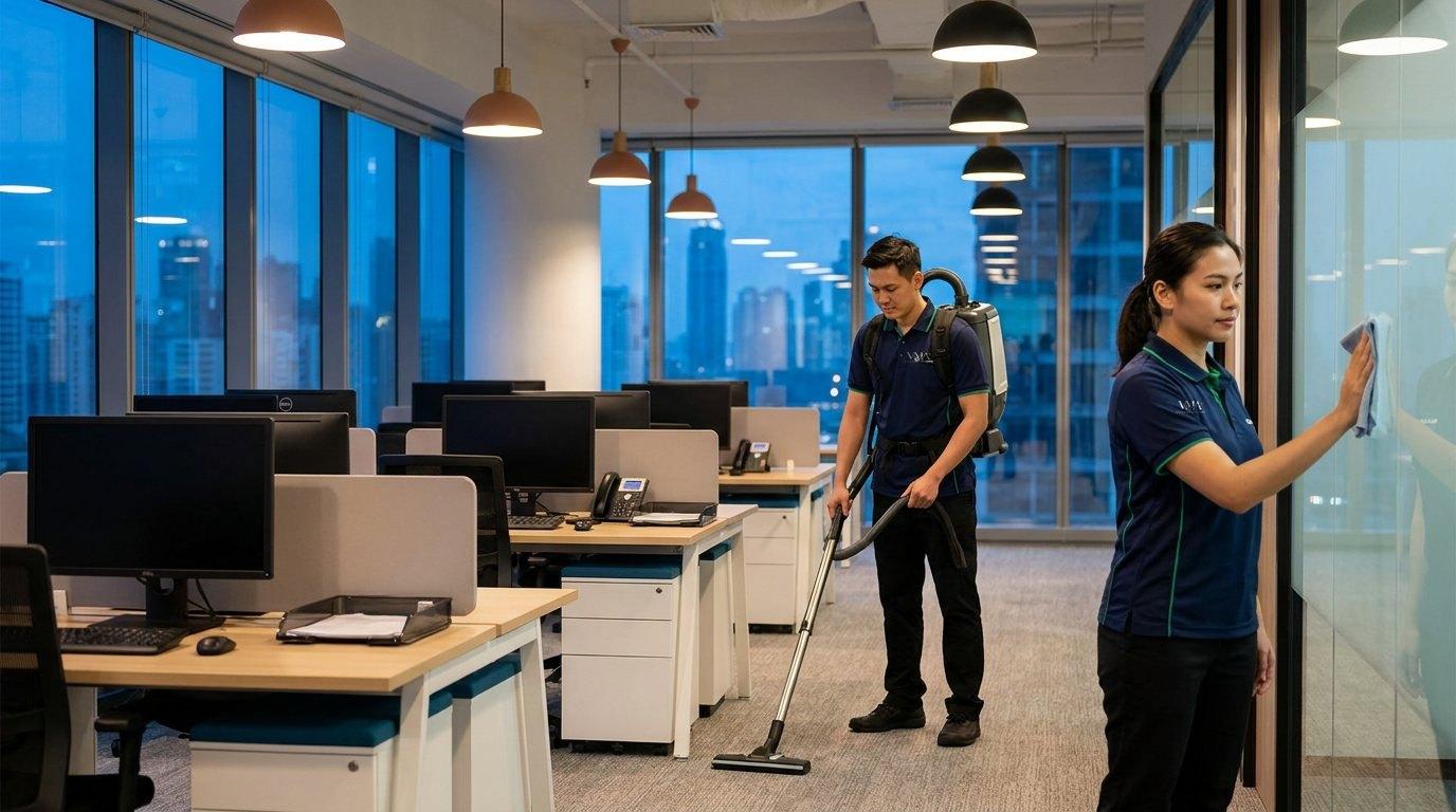 Cleaning crew vacuuming and wiping glass in a modern office at dusk