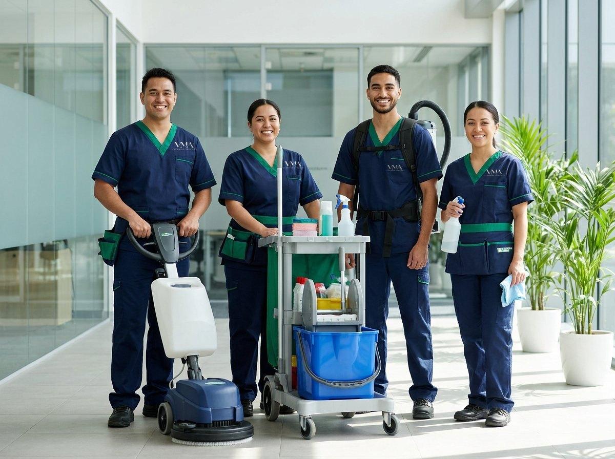 Commercial cleaning team with professional equipment in an office lobby