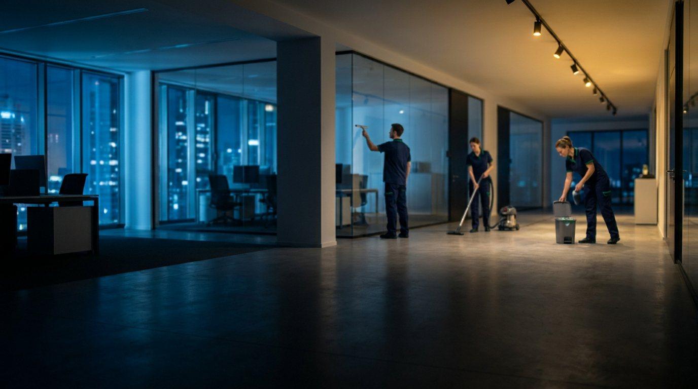 Cleaning crew working on a large office floor at night