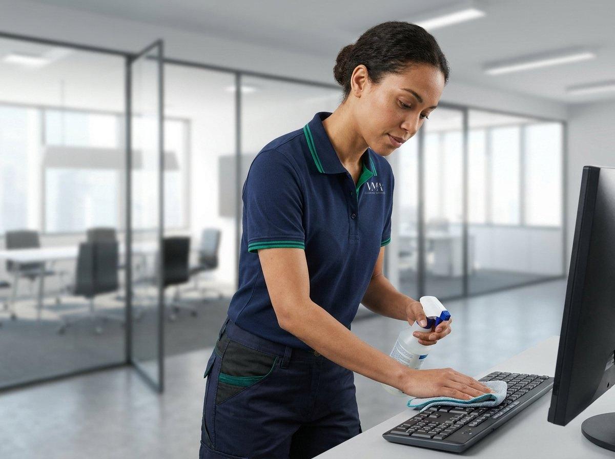 Cleaner disinfecting an office desk